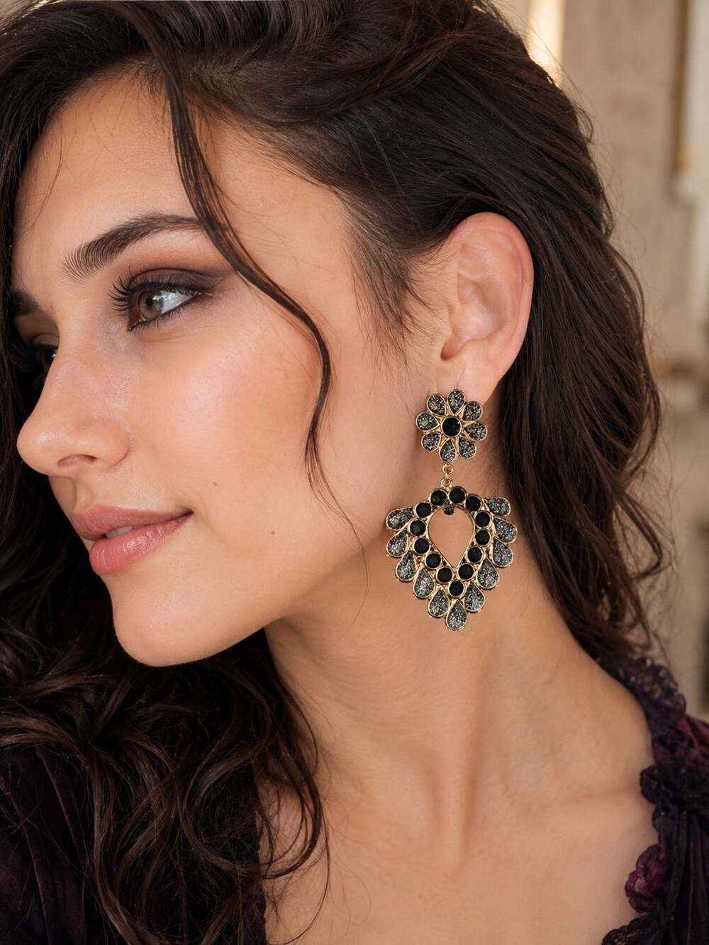 Black Gold Tone Glitter Floral Teardrop Chandelier Statement Earrings